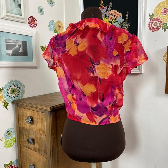 Vintage Chiffon Bolero Top, 1990s Cache Fuchsia Floral Short Sleeve Jacket Sz S - Picture 7 of 10